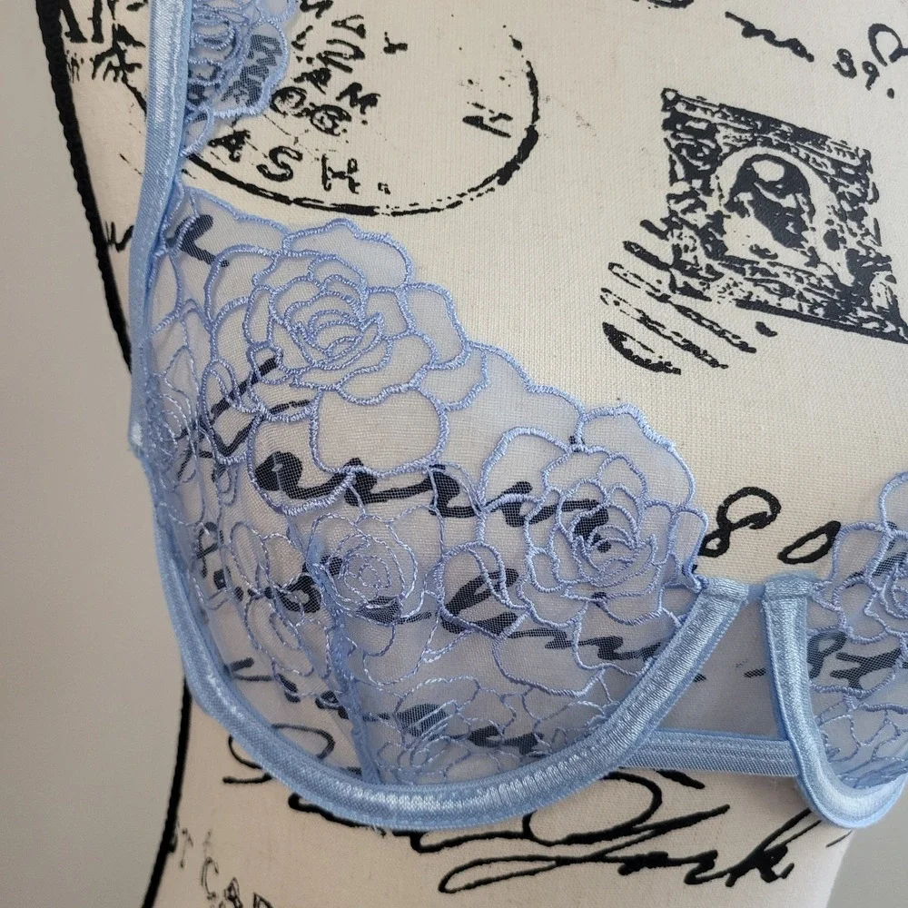 Blue lace‎ bra sheer floral medium rose print pastel coquette feminine romantic